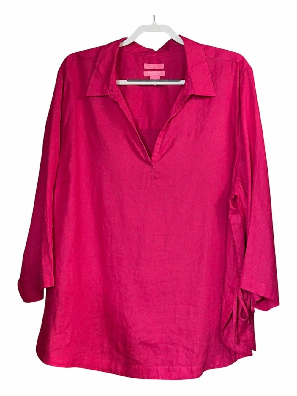 NWOT Isaac Mizrahi 100% Linen V-Neck Tunic Blouse Hot Pink Side Tie Top - Picture 2 of 8
